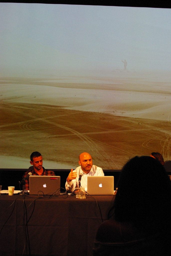 Photo of Ali Cherri and Tarek El-Ariss speaking